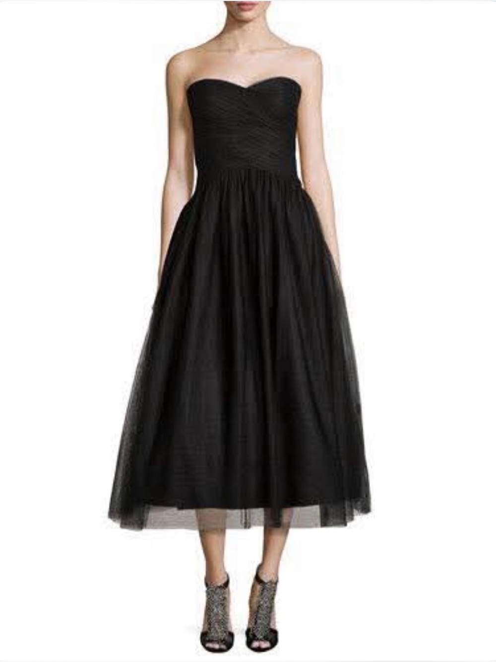 Monique Lhuillier Black Strapless Sweetheart Tulle Midi Dress
